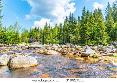 Jizera River Full Of Granite Rocks On Sunny Summer Day, Jizera Mountains, Czech Republic