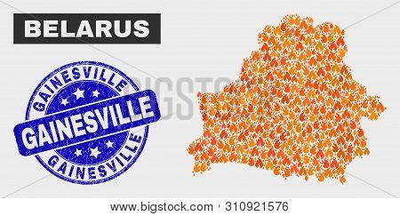 Vector Composition Of Flamed Belarus Map And Blue Round Grunge Gainesville Seal Stamp. Fiery Belarus