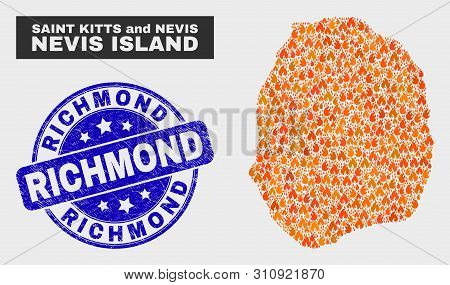 Vector Collage Of Flame Nevis Island Map And Blue Round Scratched Richmond Watermark. Fiery Nevis Is