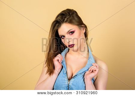 Feminine And Glamorous. Makeup Cosmetics Concept. Attractive Woman Makeup Face. Sensual Fashion Mode