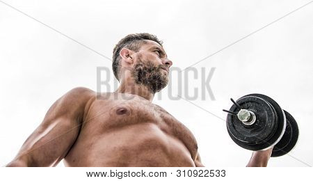 Be Strong. Sport Equipment. Perfect Six Pack. Fitness Health Diet. Man Sportsman With Strong Ab Tors