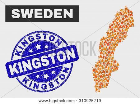 Vector Composition Of Flame Sweden Map And Blue Round Grunge Kingston Watermark. Fiery Sweden Map Mo