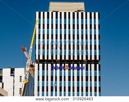Strasbourg, France - Jul 2 2019: French Credit Mutuel Cooperative Bank, Logotype On The New Headquar