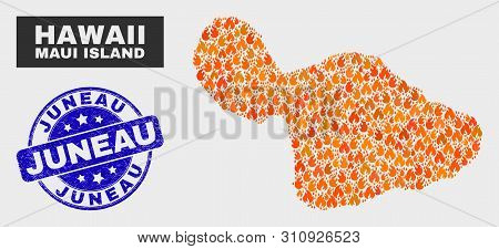Vector Composition Of Burn Maui Island Map And Blue Rounded Grunge Juneau Seal Stamp. Orange Maui Is
