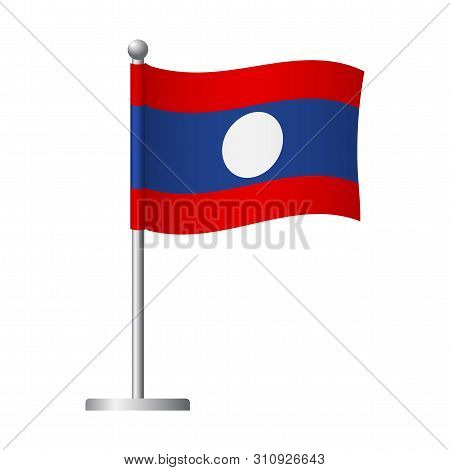 Laos Flag On Pole. Metal Flagpole. National Flag Of Laos Vector Illustration