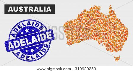 Vector Collage Of Fire Australia Map And Blue Rounded Distress Adelaide Seal Stamp. Fiery Australia 