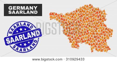 Vector Composition Of Burn Saarland Land Map And Blue Round Scratched Saarland Stamp. Orange Saarlan