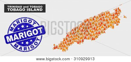 Vector Collage Of Flame Tobago Island Map And Blue Rounded Distress Marigot Seal. Fiery Tobago Islan