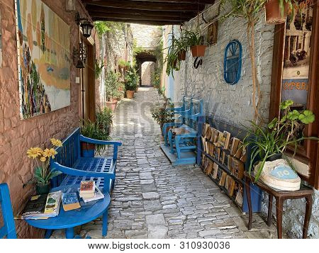 Lefkara, Cyprus - May 10, 2019: Place Of Exchange Of Books In A Narrow Street In The Historical Vill