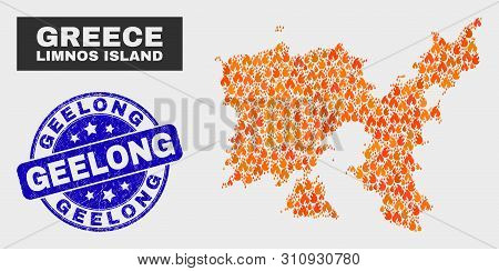 Vector Collage Of Fire Limnos Island Map And Blue Round Textured Geelong Seal. Fiery Limnos Island M