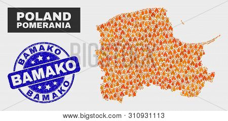 Vector Composition Of Fire Pomeranian Voivodeship Map And Blue Rounded Textured Bamako Seal Stamp. O