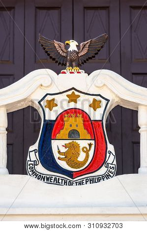 Puerto Princesa, Palawan, Philippines - March 3, 2019: Iwahig Penal Colony. Closeup Of Coat Of Arms 