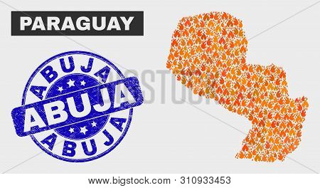 Vector Composition Of Fired Paraguay Map And Blue Rounded Textured Abuja Seal Stamp. Fiery Paraguay 