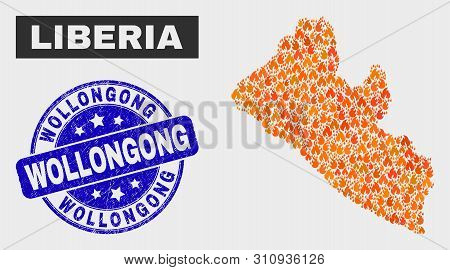 Vector Collage Of Flame Liberia Map And Blue Round Scratched Wollongong Seal Stamp. Orange Liberia M