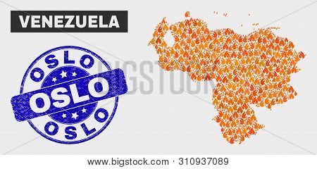 Vector Collage Of Fire Venezuela Map And Blue Round Scratched Oslo Seal Stamp. Orange Venezuela Map 
