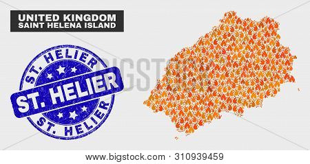 Vector Collage Of Flamed Saint Helena Island Map And Blue Round Distress St. Helier Stamp. Fiery Sai
