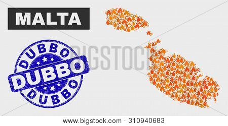 Vector Collage Of Flame Malta Map And Blue Rounded Scratched Dubbo Seal Stamp. Fiery Malta Map Mosai