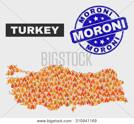 Vector Composition Of Flame Turkey Map And Blue Rounded Distress Moroni Seal Stamp. Orange Turkey Ma