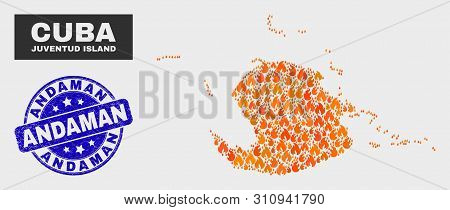 Vector Collage Of Fired Juventud Island Map And Blue Rounded Textured Andaman Seal. Fiery Juventud I