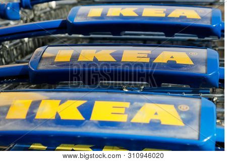 Huddinge, Sweden - July 11, 2019: Close-up Of Stored Ikea Shopping Carts.