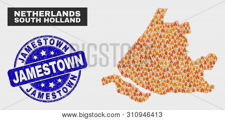 Vector Composition Of Flame South Holland Map And Blue Round Scratched Jamestown Watermark. Fiery So
