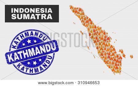 Vector Composition Of Flamed Sumatra Map And Blue Round Textured Kathmandu Seal Stamp. Fiery Sumatra