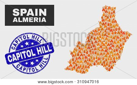 Vector Composition Of Fire Almeria Province Map And Blue Round Grunge Capitol Hill Stamp. Orange Alm