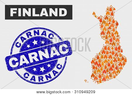 Vector Composition Of Flame Finland Map And Blue Round Grunge Carnac Seal Stamp. Fiery Finland Map M