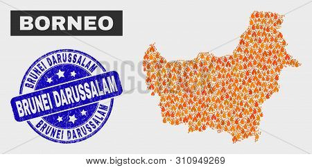Vector Composition Of Flamed Borneo Map And Blue Round Textured Brunei Darussalam Watermark. Orange 