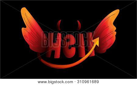 Cute Cartoon Word Hell With Devil Horns, Tail And Evil Wings On Black Background. Vector Illustratio