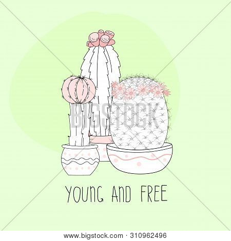 Cute Hand Drawn Cactus With Letters On Color Background. Vector Icons In Minimalistic Sketch Style. 