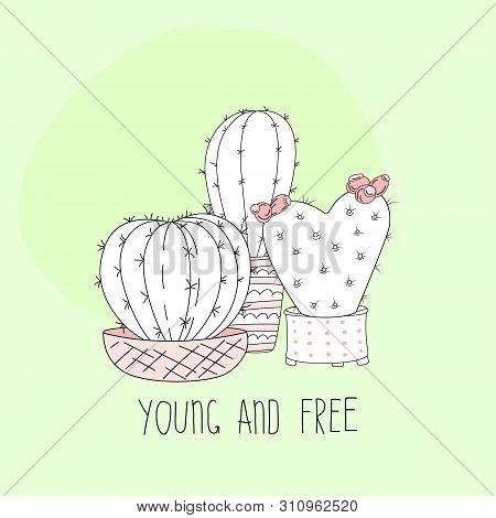 Cute Hand Drawn Cactus With Letters On Color Background. Vector Icons In Minimalistic Sketch Style. 