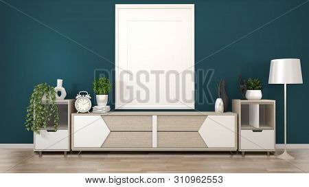 Mock Up Frame On Wooden Cabinets Tv In A Dark Green Room And Decoration.3D Rendering