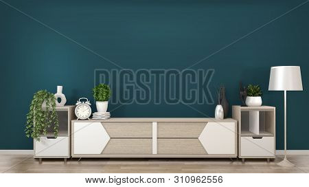 Mock Up Frame On Wooden Cabinets Tv In A Dark Green Room And Decoration.3D Rendering