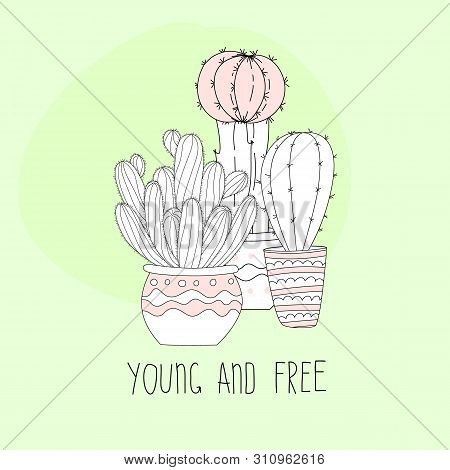 Cute Hand Drawn Cactus With Letters On Color Background. Vector Icons In Minimalistic Sketch Style. 