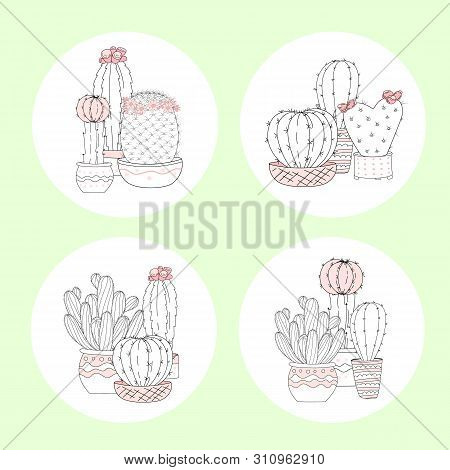Set Of Cute Hand Drawn Cactus With Letters On Color Background. Vector Icons In Minimalistic Sketch 