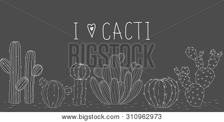 Set Of Cute Hand Drawn Cactus In A Pot With Letters On Chalkboard Background. Vector Icons In Black 