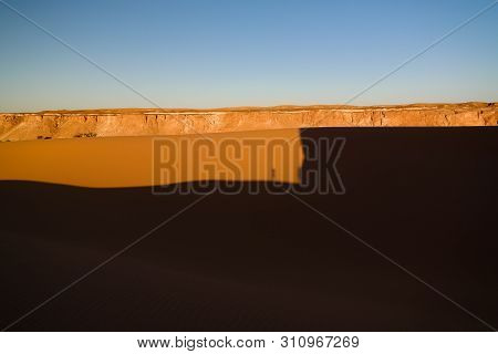 Aerial Panoramic Landscape Near Boukkou Lake Group Of Ounianga Serir Lakes At Sunrise , Ennedi, Chad