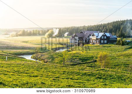 Jizerka Village At Sunset Time. View From Bukovec Mountain, Jizera Mountains, Czech Republic