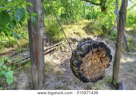 Old Ukrainian Cossack Wooden Shell For Training On Throwing Knives, Axes And Arrows On A Hill In The