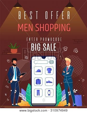 Best Offer Men Shopping Enter Promocode Big Sale. Banner Night Sale For Men. Guys In Suits Are Stand