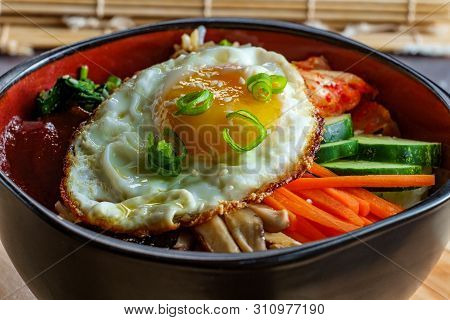 Authentic Korean Cuisine Vegetarian Cold Bibimbap With Fried Egg