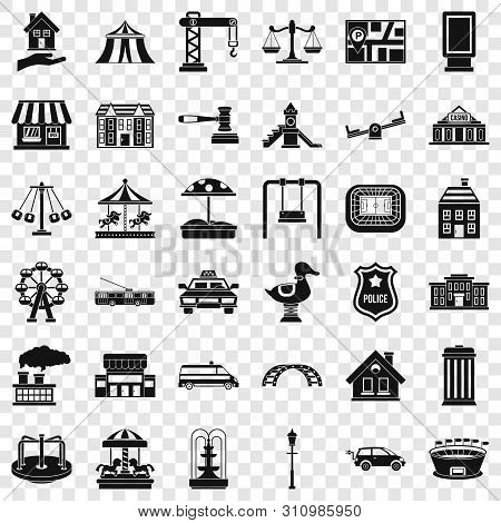Small City Icons Set. Simple Style Of 36 Small City Icons For Web For Any Design