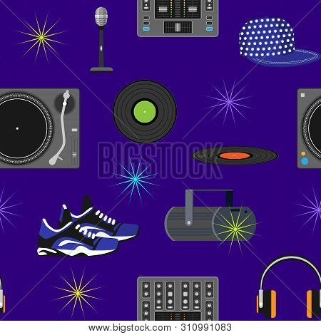 Dj Music Discjockey Playing Disco On Turntable Sound Record Set With Headphones And Players Audio Eq