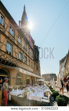 Strasbourg, France - Jul 16, 2019: Outdoor Terrace Of Maison Kammerzell Restaurant In Central Strasb