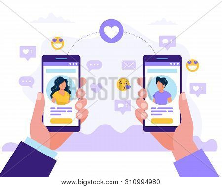 Dating Service App, Man And Woman Holding Smartphones With Each Other Profile. Virtual Relationship,