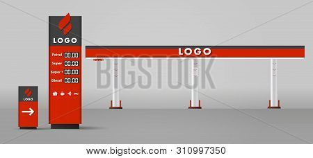 Detailed Vector Modern Flat Design Illustration Of The Gas Or Petrol Filling Station. With Road Sign
