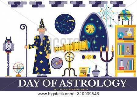 Senior Astrologer With Beard In Hat Standing In Lab.