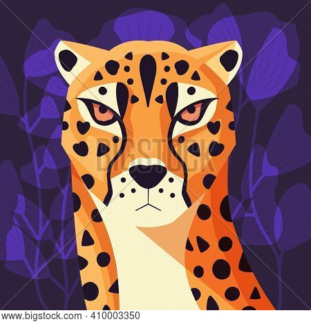 Colorful Portrait Of Beautiful Cheetah On Purple Background. Hand Drawn Wild Animal. Big Cat.