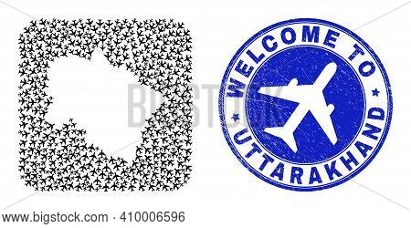 Vector Collage Uttarakhand State Map Of Airflight Items And Grunge Welcome Seal. Collage Geographic 